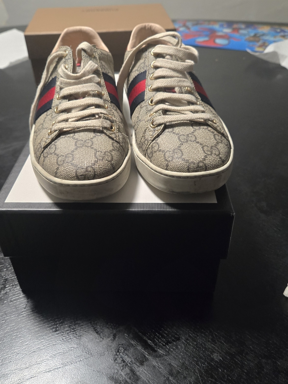 Gucci Beige GG Supreme Canvas Sneakers with Red and Navy Web